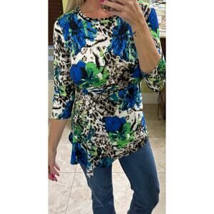 Mandy Evans small asymmetrical animal print tunic top Y2K vintage blue green